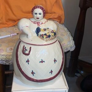 Cream and Maroon Ceramic Woman Cookie Jar - Home Art